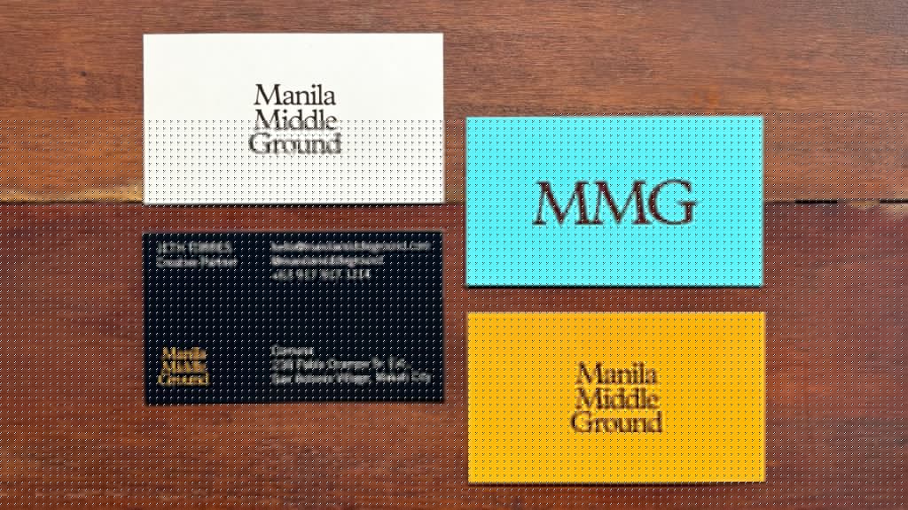 Manila Middle Ground business cards showing brand identity with brown, teal, and orange color palette